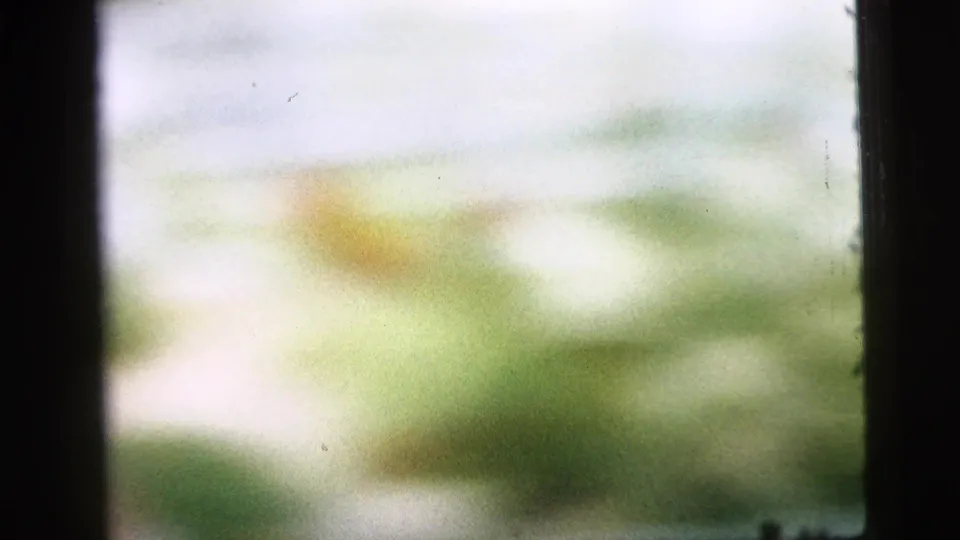Camden 1961 8mm frame showing a soft, overexposed outdoor view with greenery and black film-frame edges.
