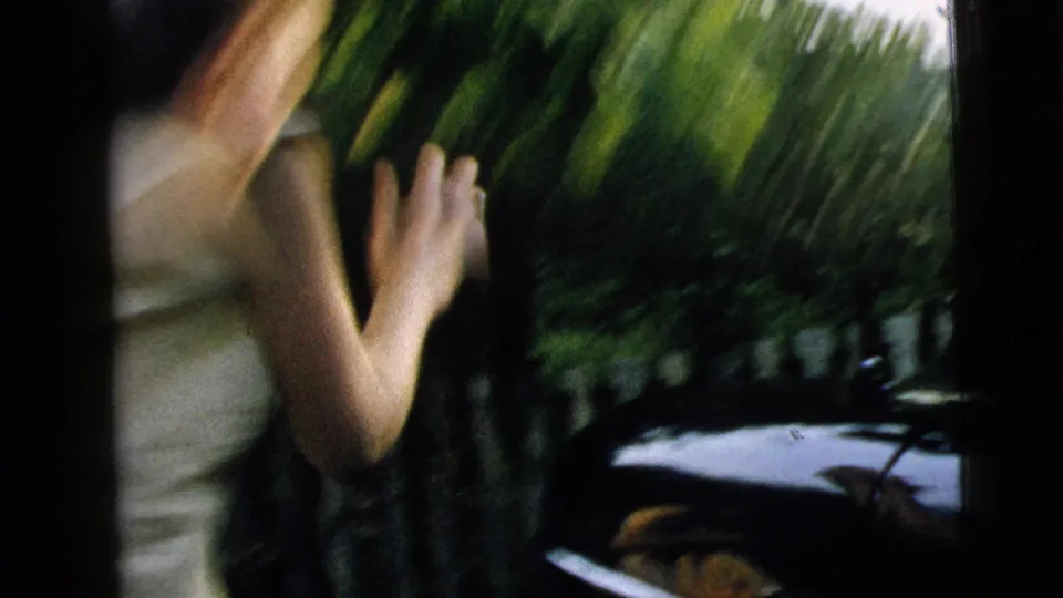 At the end of the Camden garden meal, the woman moves away from the table as the handheld 8mm frame blurs briefly.