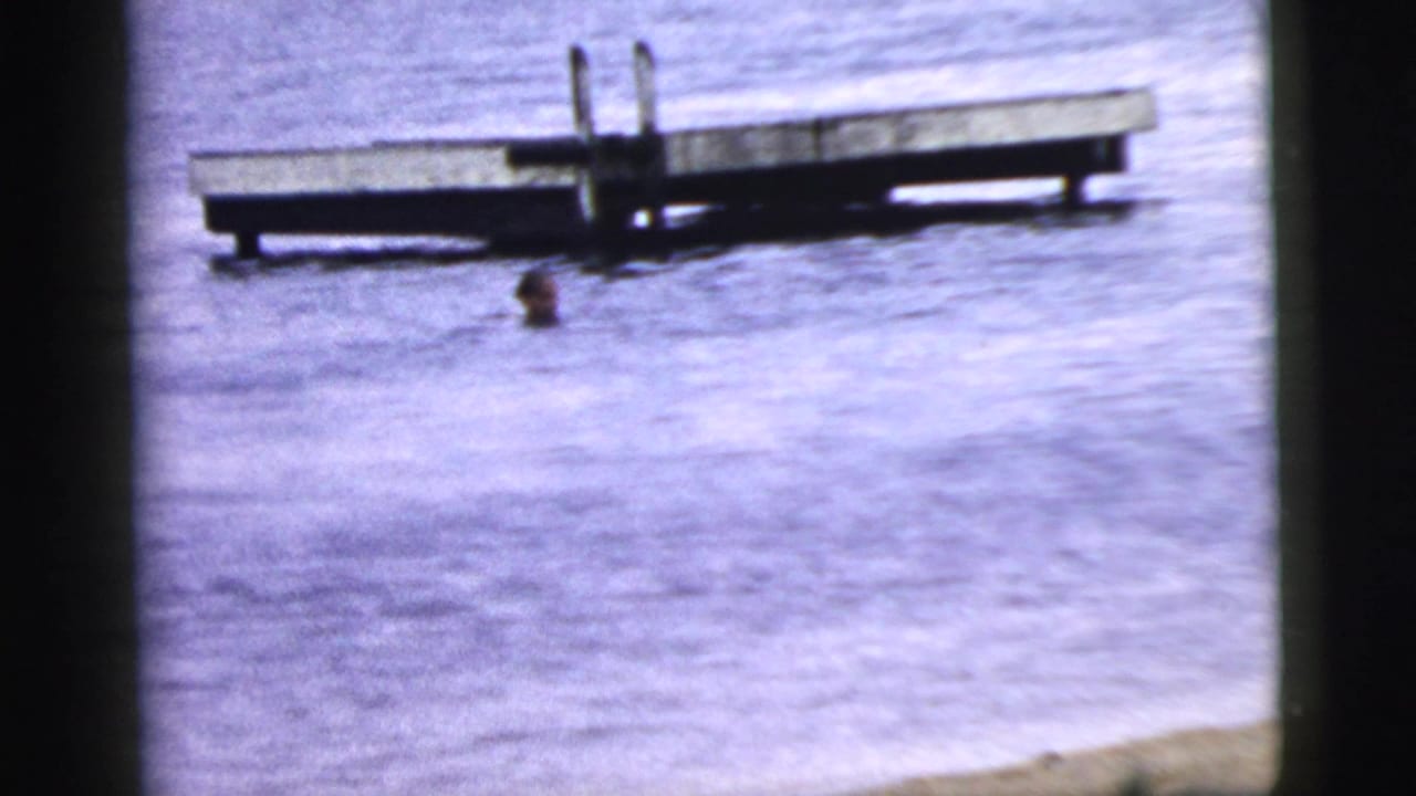 Swimmer's head in blue water near a wooden platform with a ladder.