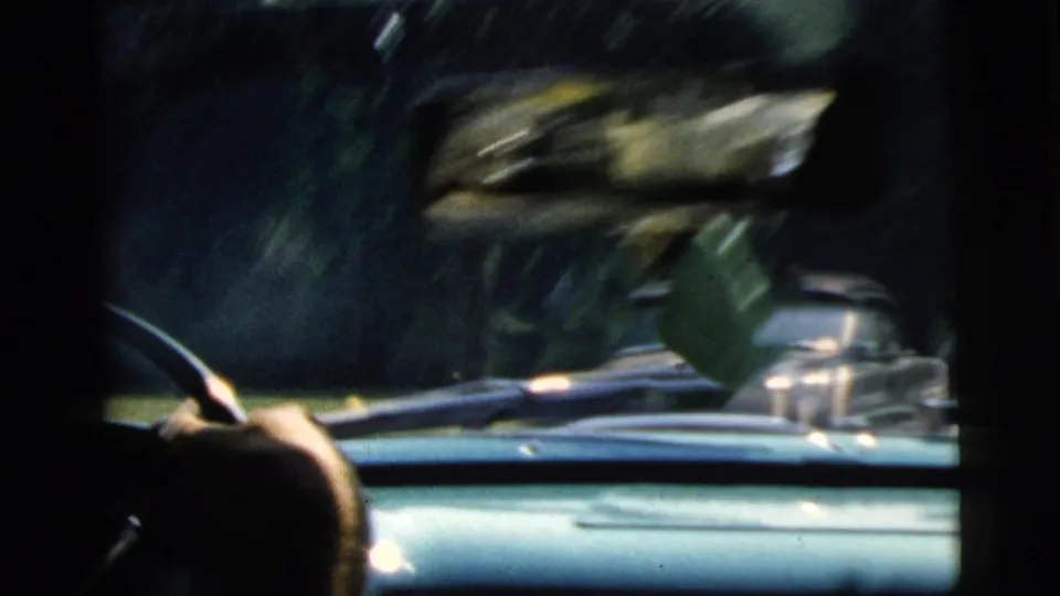 A blurred final frame shows a reflective vehicle hood or similar object, with dark foliage and 8mm motion blur.