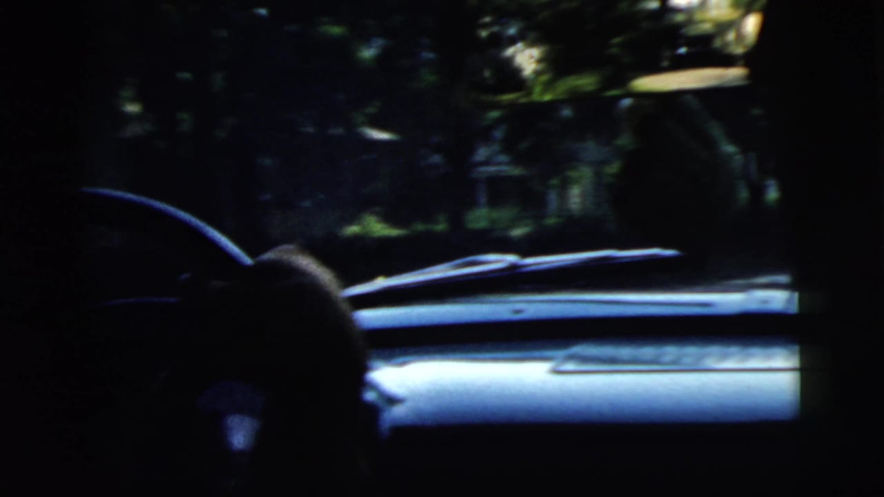 Dark car interior with a steering wheel, windshield, and trees outside.