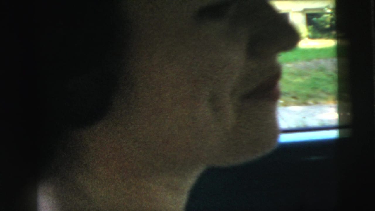 Woman in side profile inside a car in 1961 Camden, with soft daylight from the window and greenery outside.
