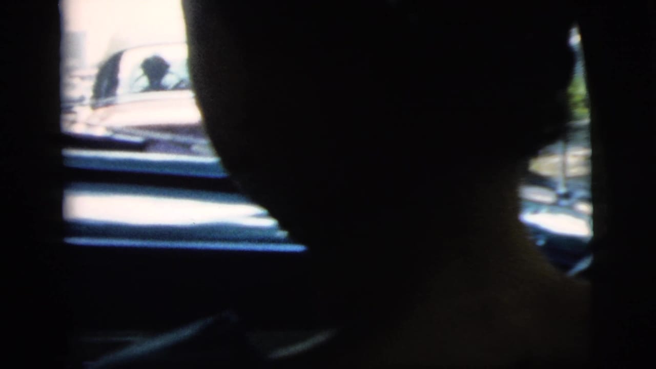 Woman appears as a dark passenger silhouette inside a car, with bright exterior light and indistinct vehicles beyond the window.