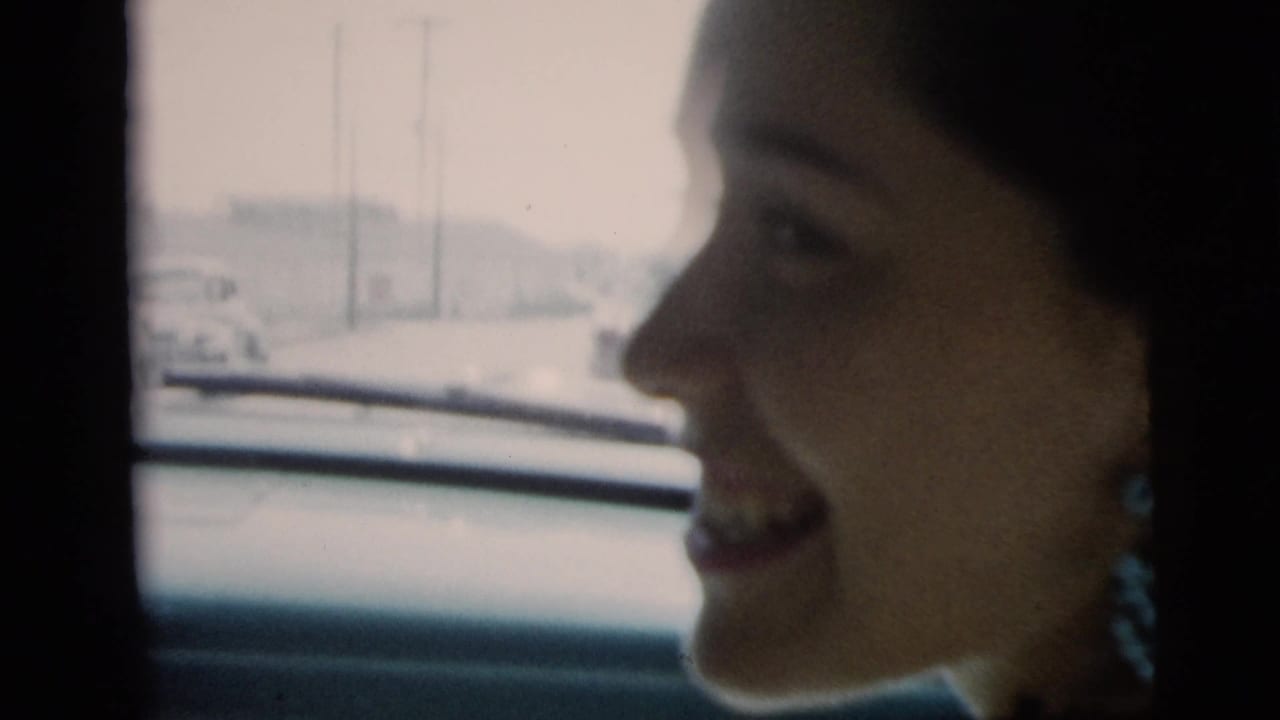 Smiling young woman seen inside a car beside a window.
