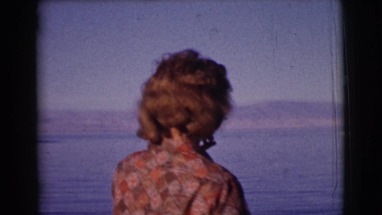 Woman seen from behind beside blue water with distant hills.