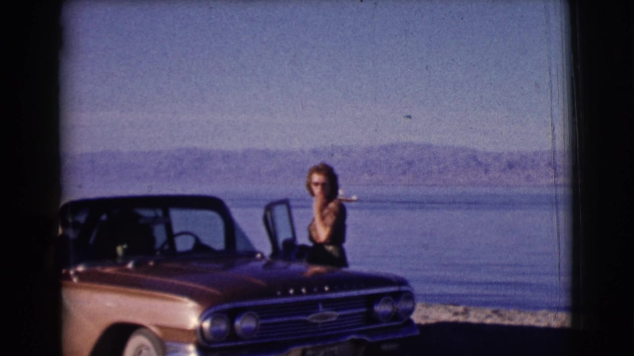 Woman beside an open car door near a calm lake, with a small boat behind her.