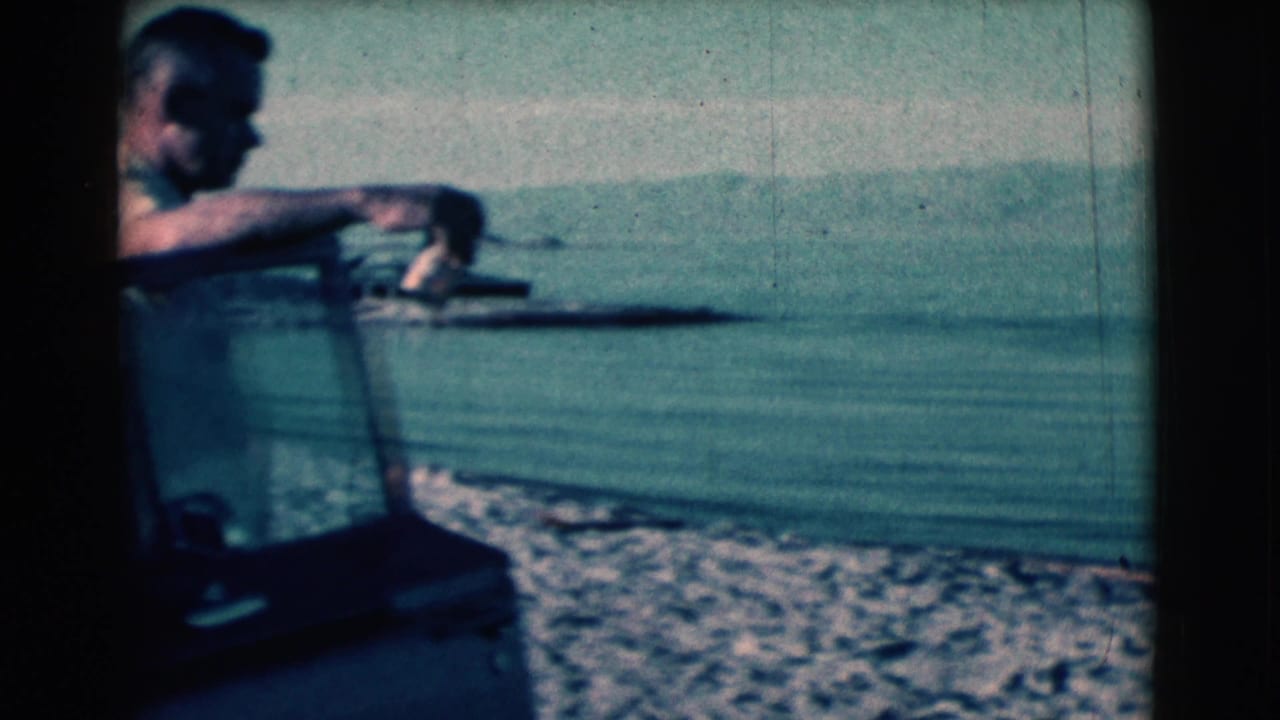 Man leaning near a vehicle window frame beside calm water and a distant shoreline.