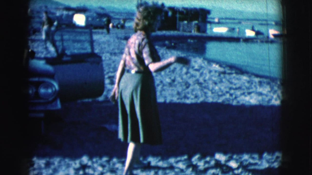 Woman in a green skirt stands near a car on a pebbled shoreline and points toward the water.
