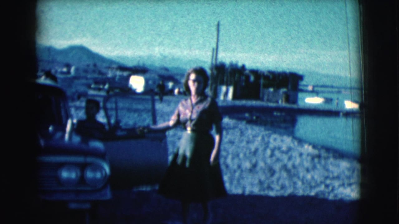 Woman stands near an open vintage car door by a pebbled shoreline with mountains behind her.