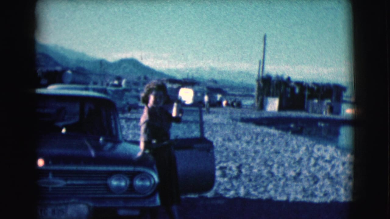 Woman holds a drink while leaning near an open car door by a gravel shoreline.