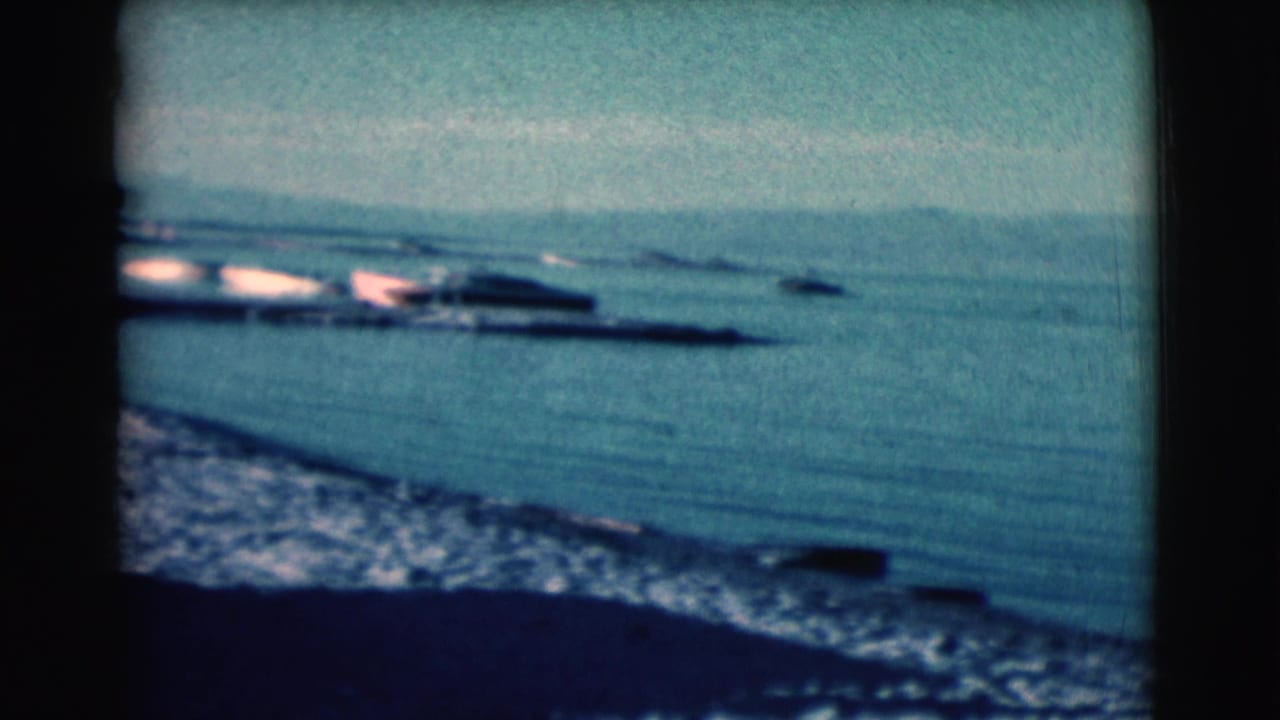 Wide shoreline view with calm water, distant hills, and dark film gate edges.