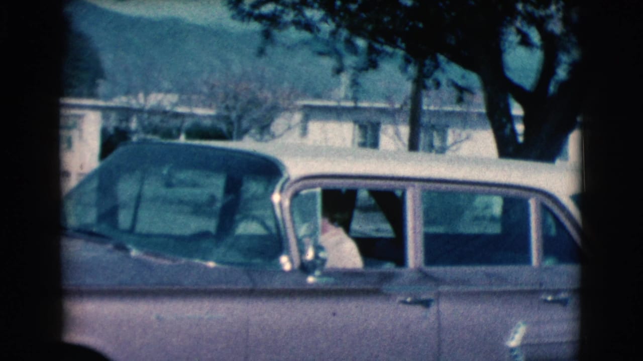 Station wagon side view with a person in the driver seat and houses behind the car.