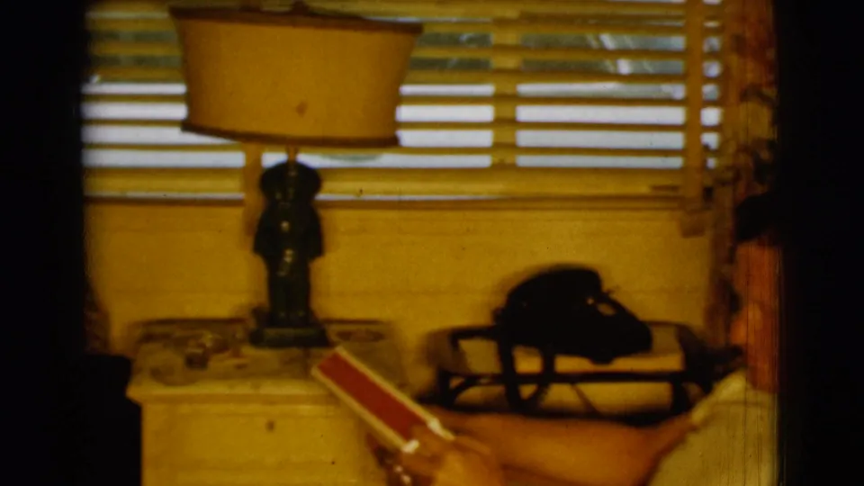 A closer view of the room shows the book at lower left, a table lamp, black rotary phone, blinds, and a partial seated figure.