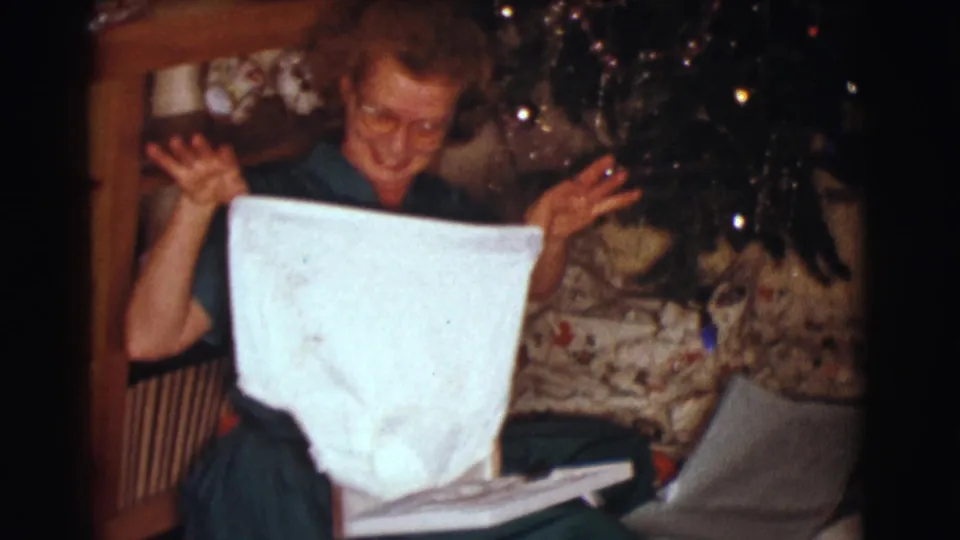 The seated woman raises a white garment or cloth in front of her while the Christmas tree and interior furnishings remain visible behind her.