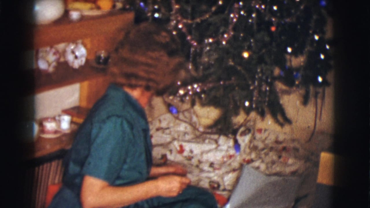 Woman seated beside a Christmas tree with wrapped gifts and shelves behind her.