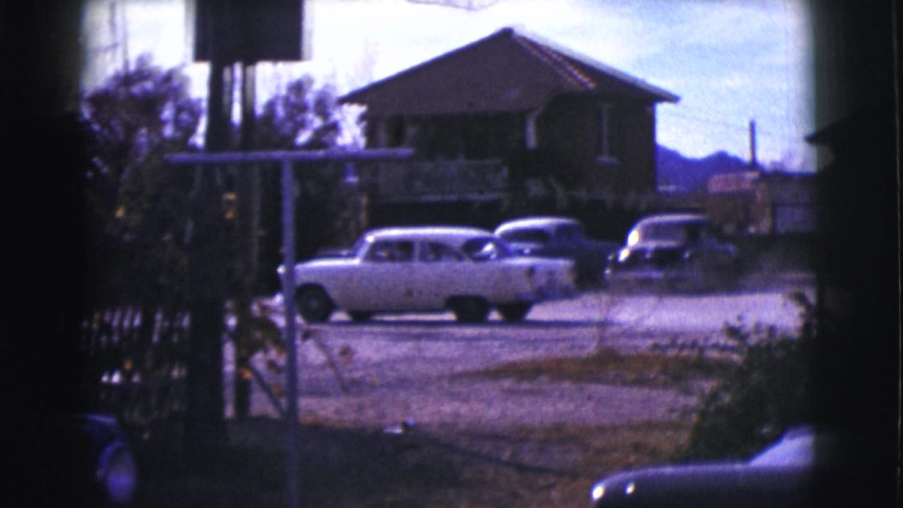 White sedan driving past houses, seen through foreground yard elements.
