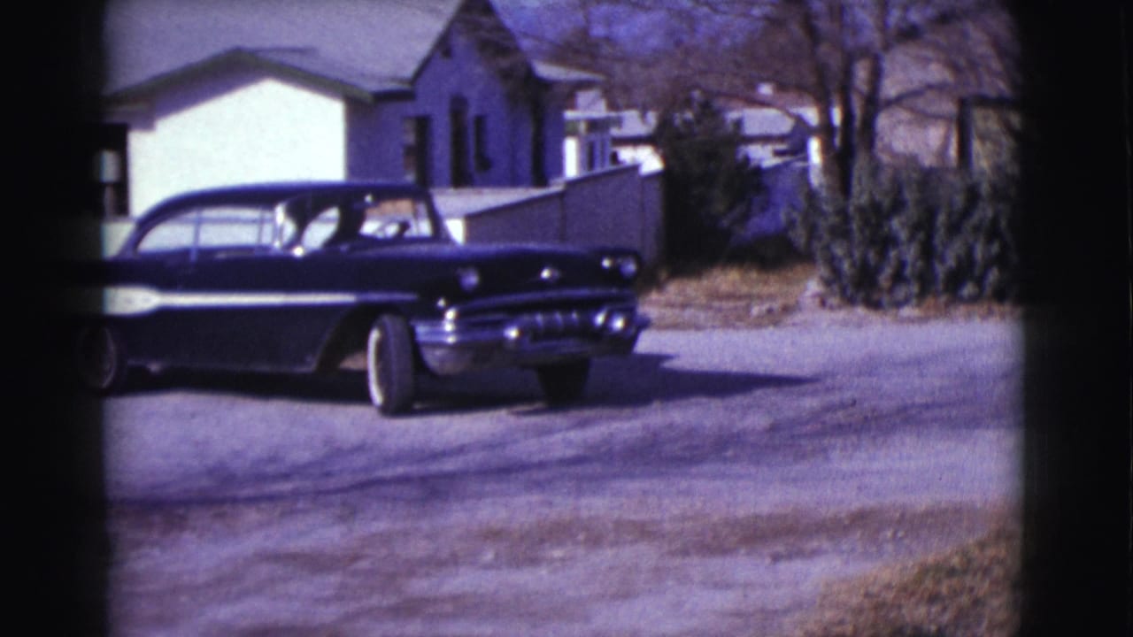Black-and-white two-tone car entering a residential street scene with houses and shrubs behind it.
