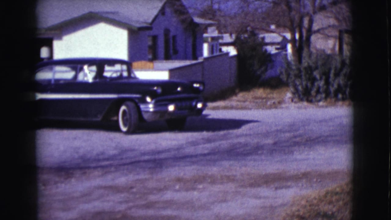 Two-tone car centered on the road with a house, wall, trees, and shrubs in the background.