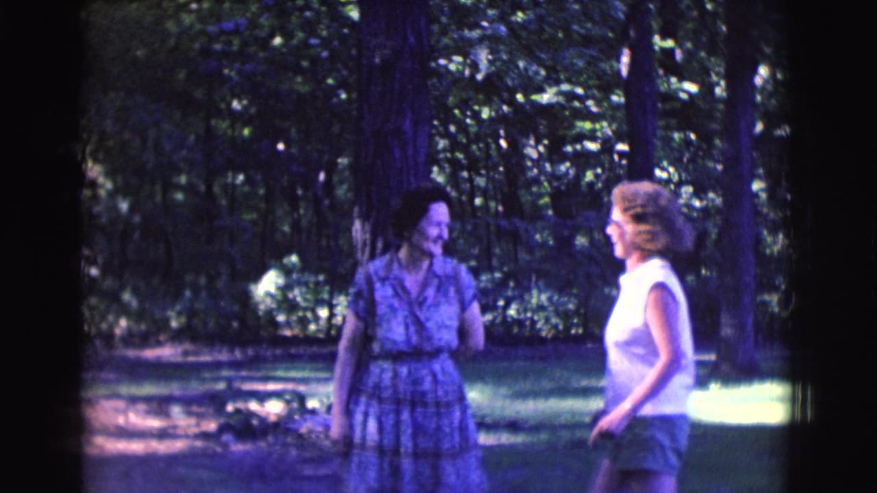 Two adult women face each other on grass near tall trees.