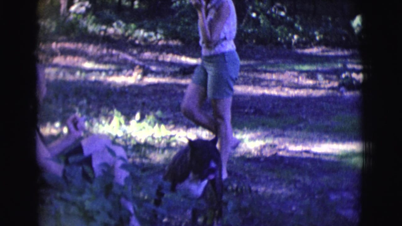 Two adults and a dog in a wooded clearing, with one person standing and another low to the ground.