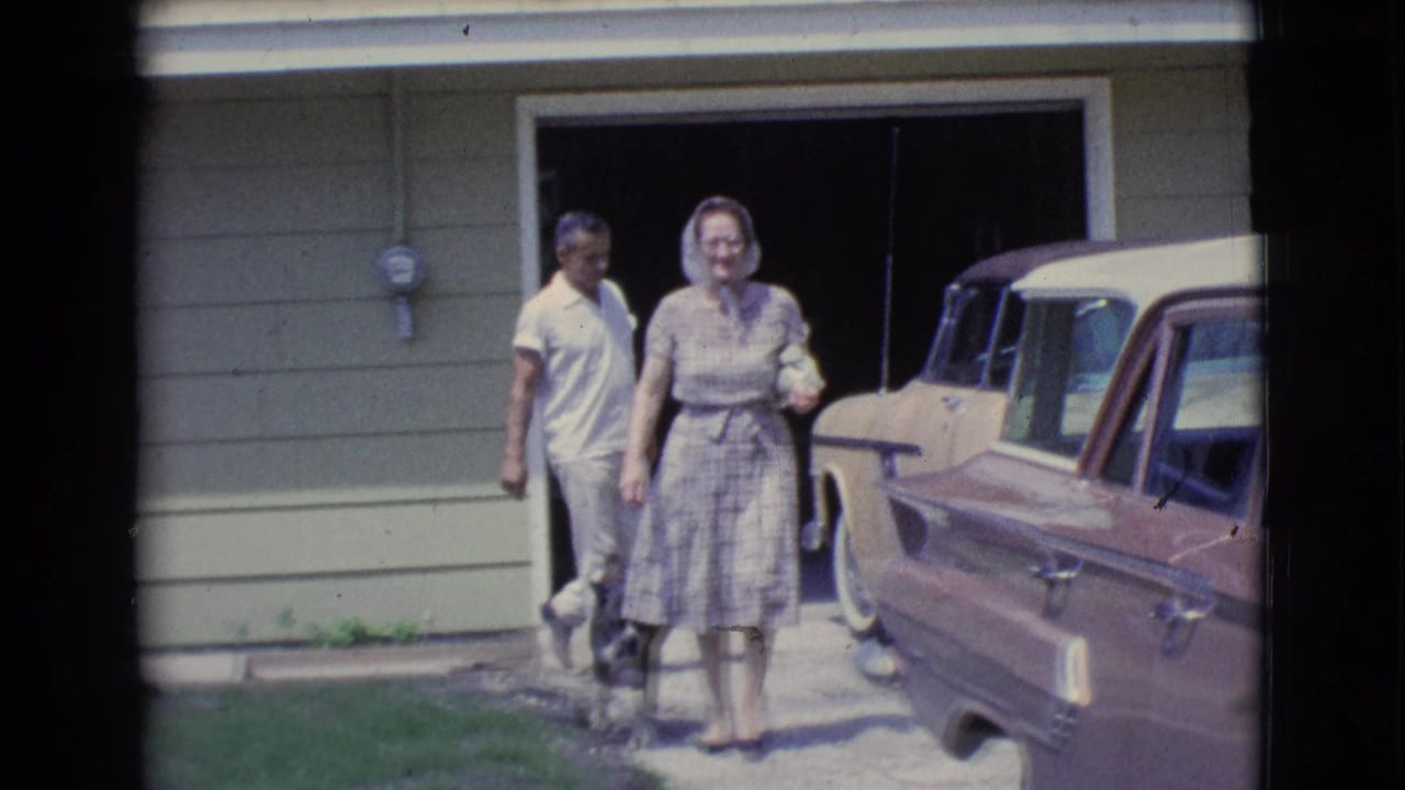 Woman and man walk from an open garage beside a parked brown car as a small dog follows.