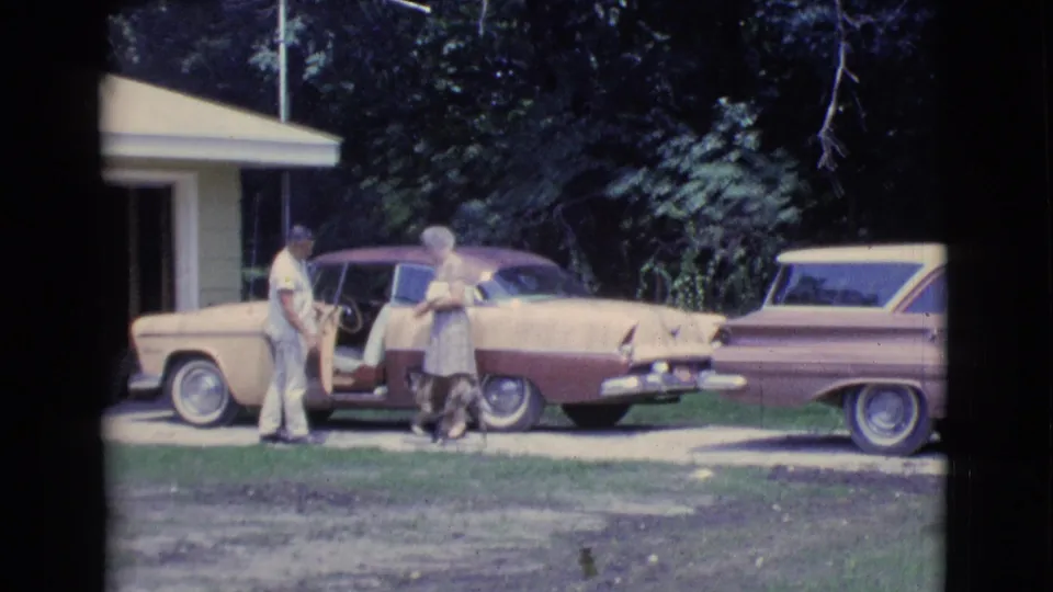 The woman stands near the open door of a two-tone sedan while the man and dog remain beside her in the 1961 driveway scene.