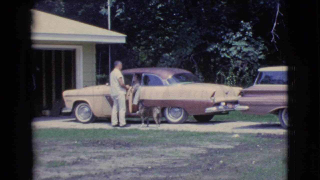Man standing beside a two-tone parked car with a dog near the open side door.