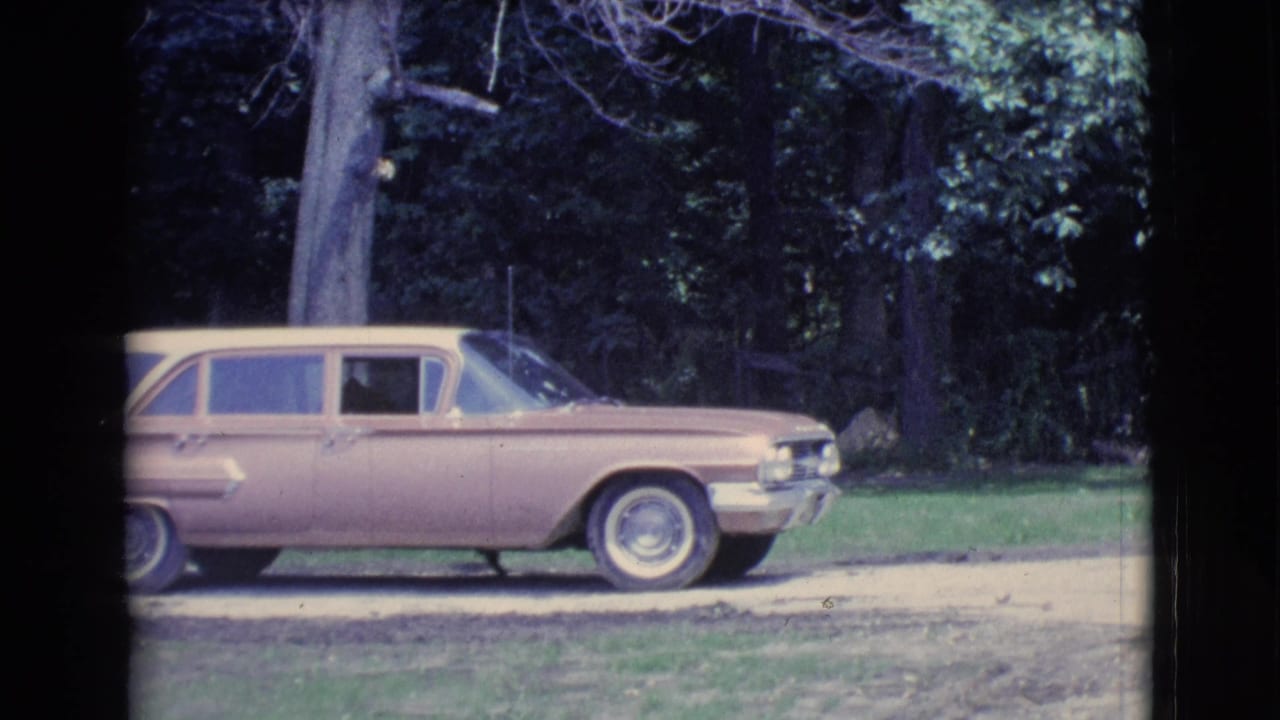 Two-tone car parked on a driveway beside trees and lawn.
