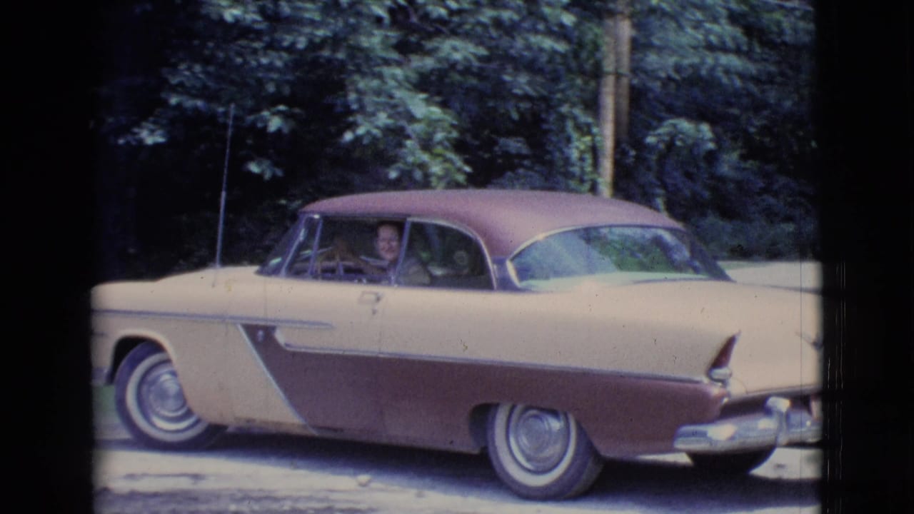 Two-tone vintage sedan viewed from the side with a woman visible at the driver window.
