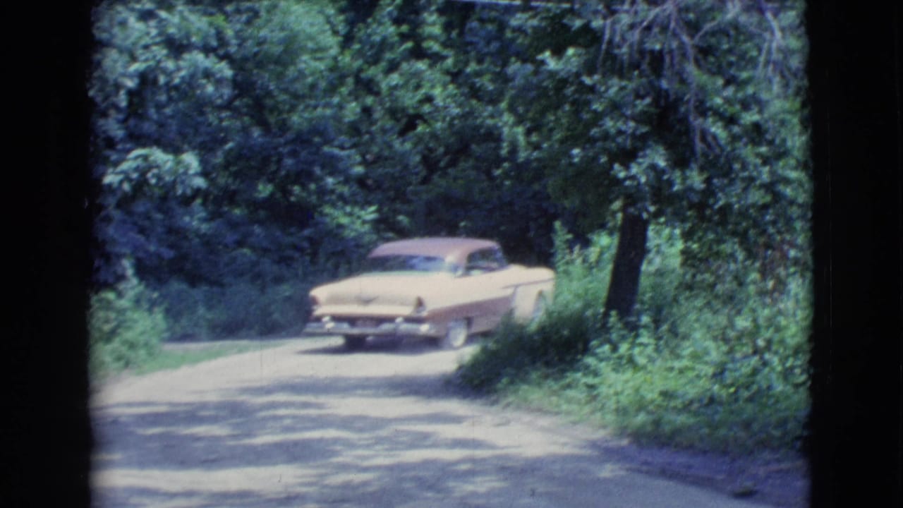 Two-tone vintage car on a shaded rural road beside dense green trees.