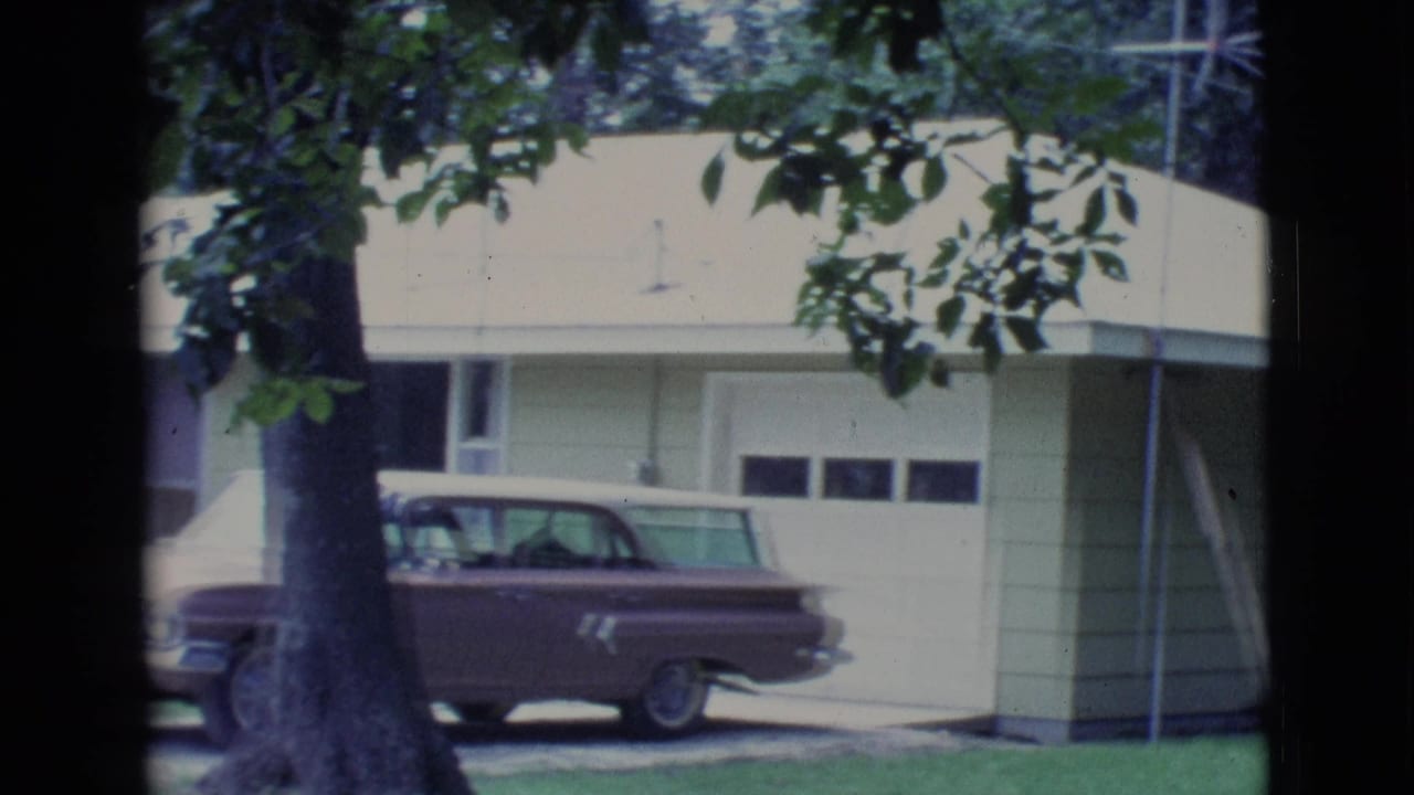 Yellow house with a white garage door and brown station wagon partly framed by trees.