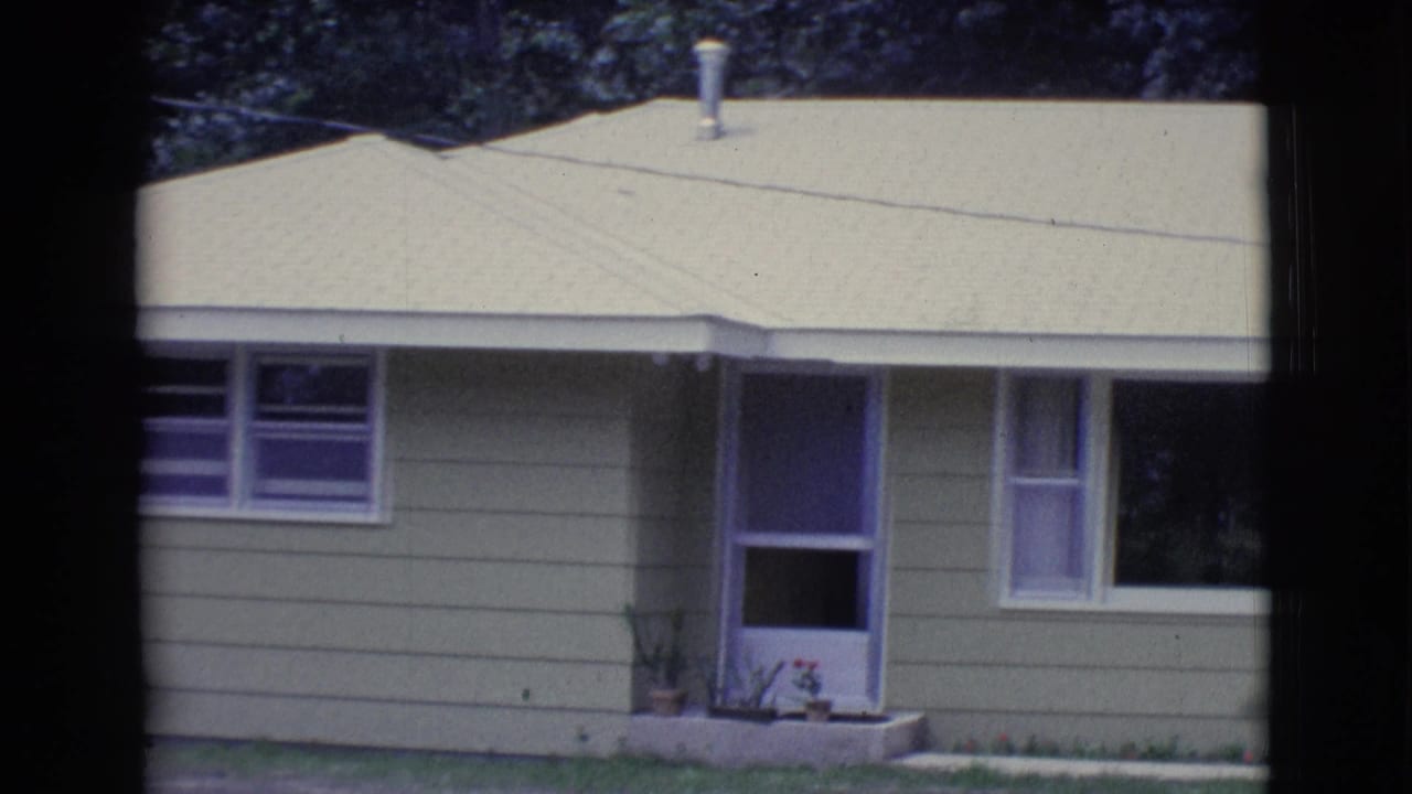Light green single-story house with pale roof, screened door, windows, lawn, and trees.
