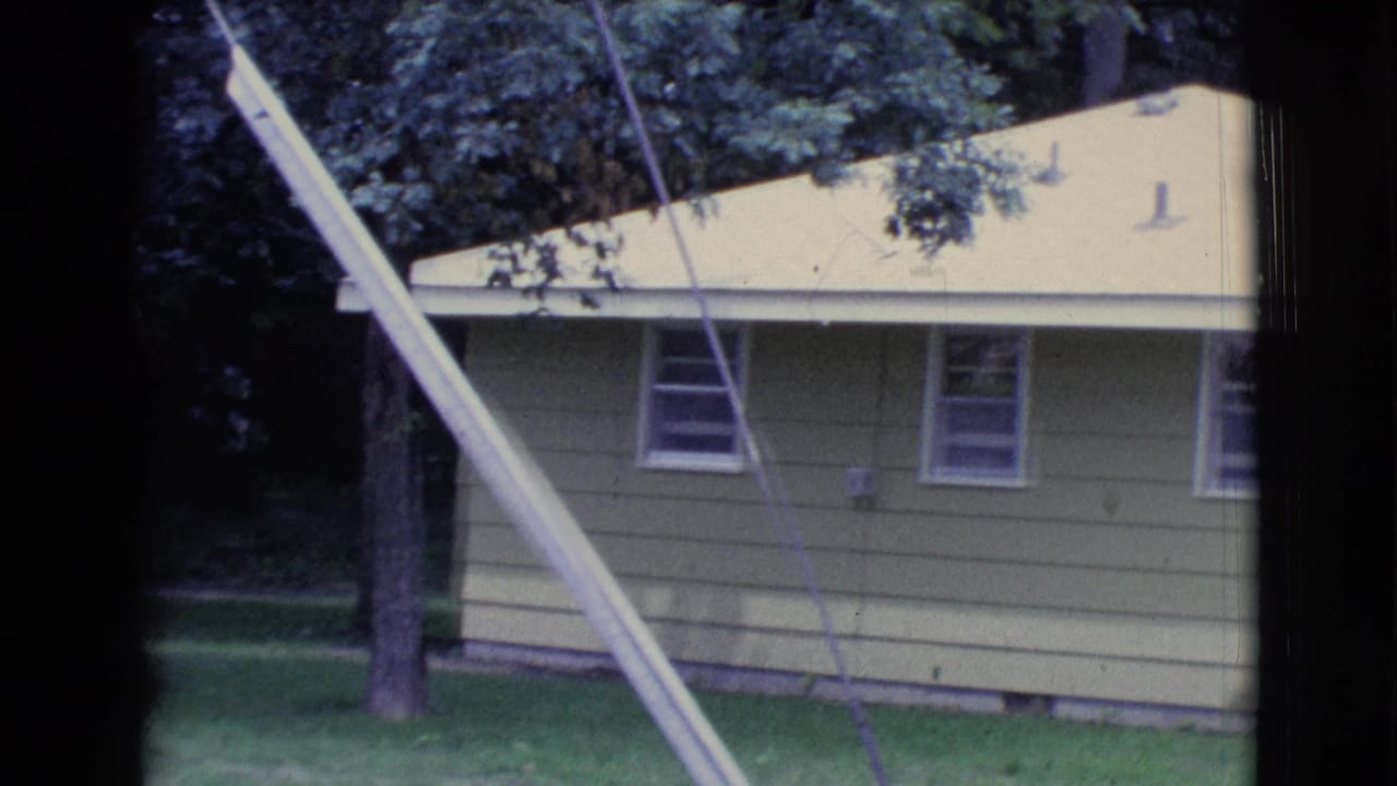 House wall and pale roof behind a tree, lawn, fence line, and diagonal white pole.