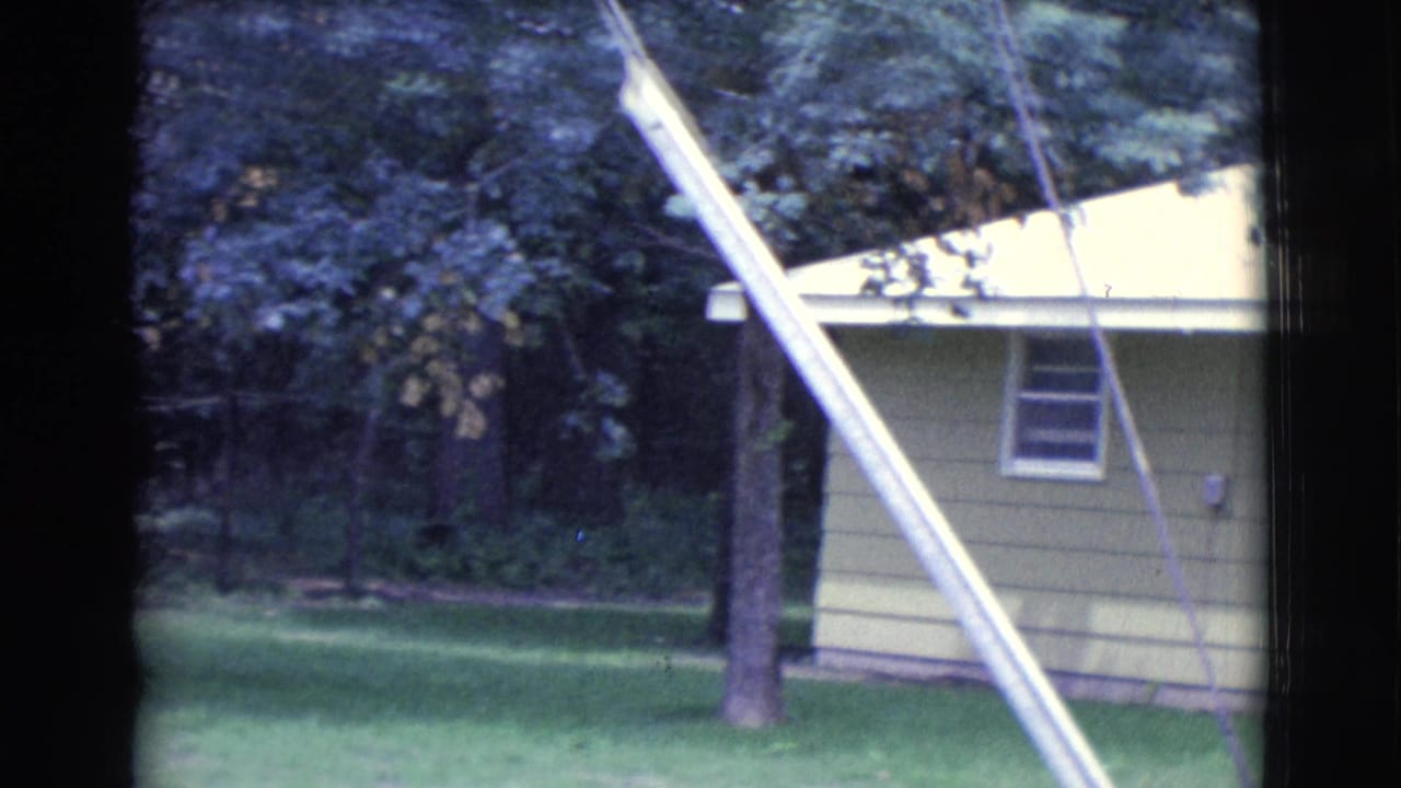 Yellow-sided house partly hidden by trees and a white pole in a grassy yard.