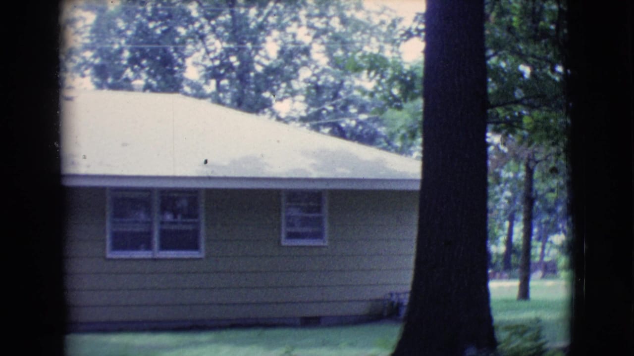 Side of a tan house with windows, pale roof, trees, and grass.
