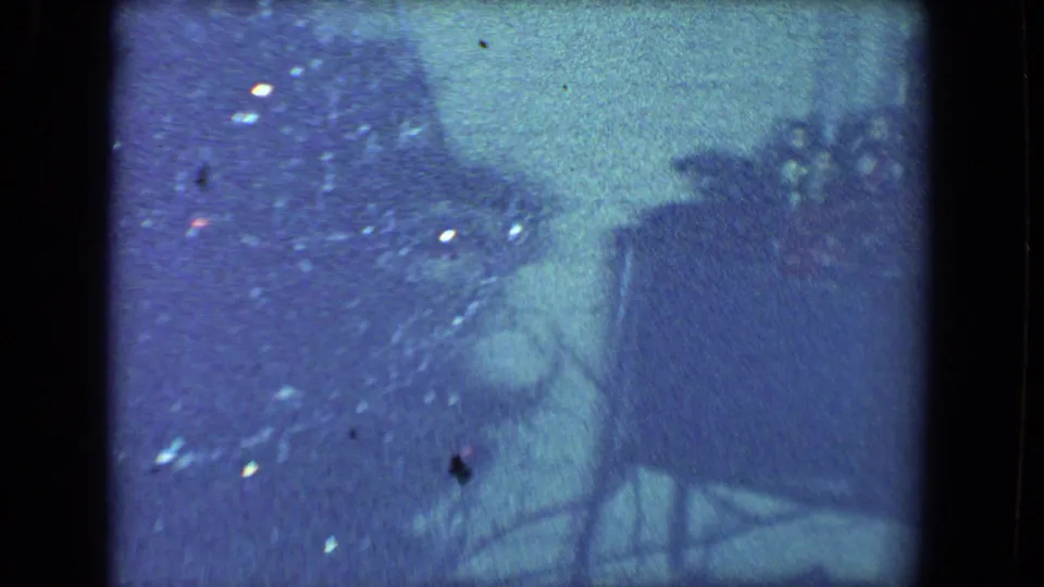 1961 Salton Sea home-movie frame with a tinsel-covered Christmas tree and a person in soft silhouette beside it.