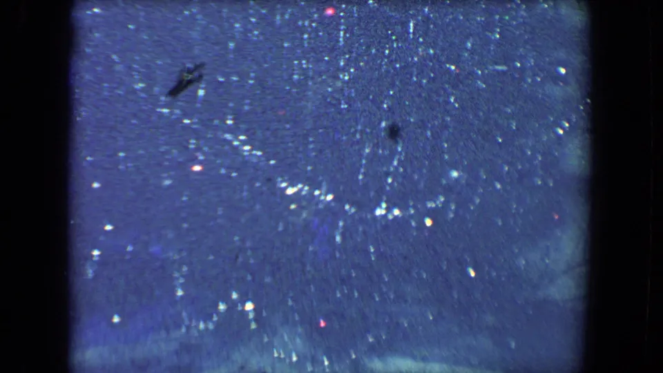 1961 Salton Sea holiday home-movie frame with tinsel dominating the view and a partial person silhouette at the lower right.