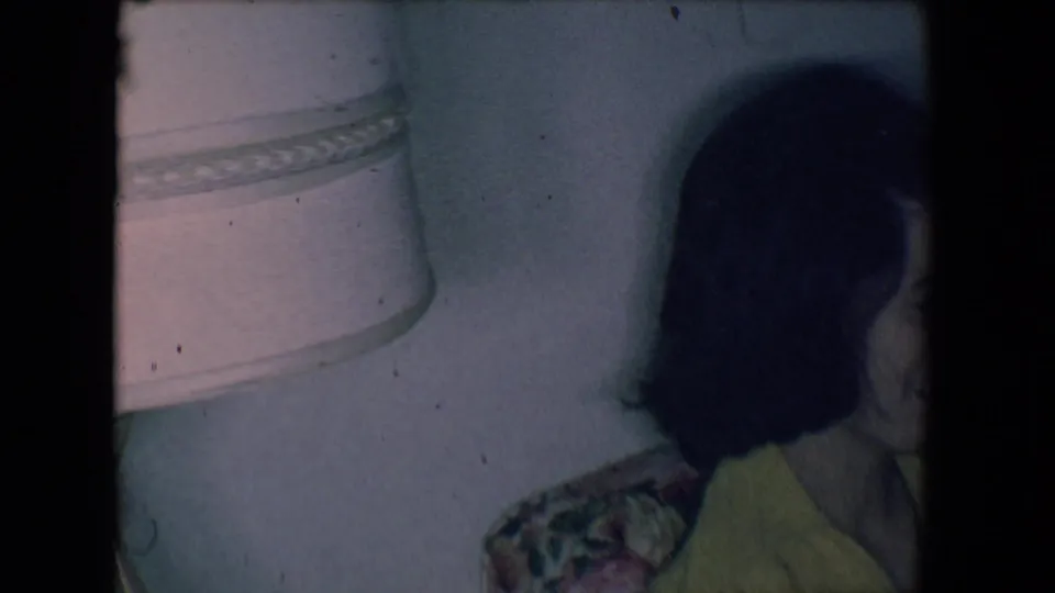 1961 Salton Sea home-movie frame showing a dark-haired woman seated near a domestic lamp in a private interior.