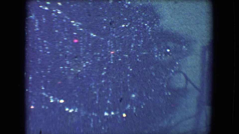 A grainy 1961 Salton Sea Christmas frame shows sparkling tree tinsel against dark window glass and night reflections.