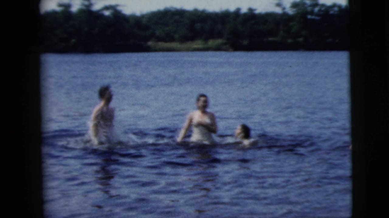 Three adults wade in a lake near a tree-lined shore.