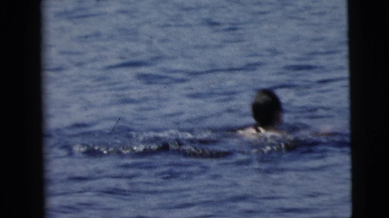 A swimmer seen from behind moves through rippled lake water near the right side of the frame.
