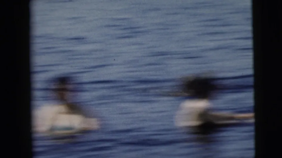 A blurred 1962 Camden lake-swimming frame shows two people low in the water, with handheld motion and dark film borders.