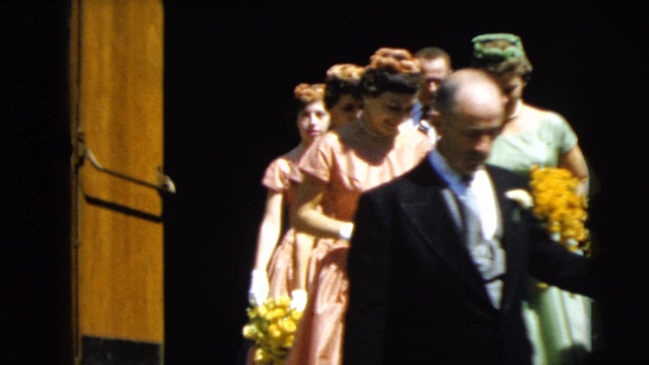 Formal group in pastel dresses and dark suits descending steps with yellow bouquets.