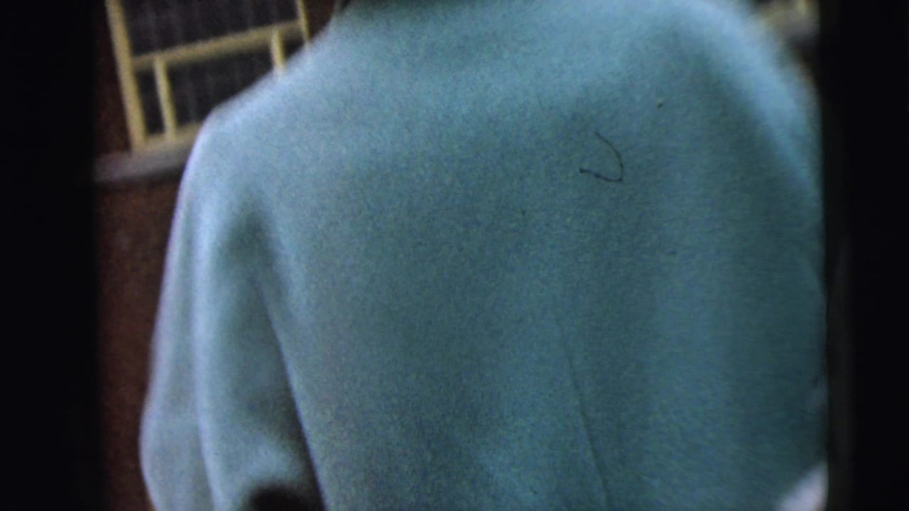 A rear view of a woman in a light blue coat appears in the 1962 Camden home-movie footage, with a window and building exterior nearby.