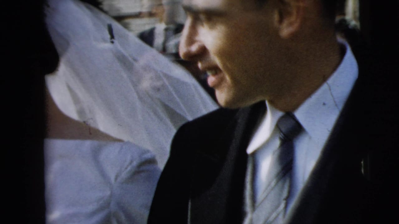 Close view of a smiling man beside a bride in a veil and white dress.