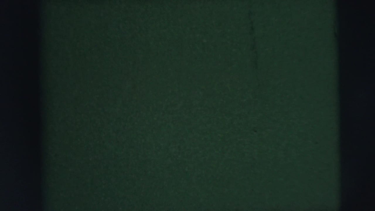 Mostly abstract 8mm static with a central black frame bar, greenish exposure, and surface grain from the Camden reel.