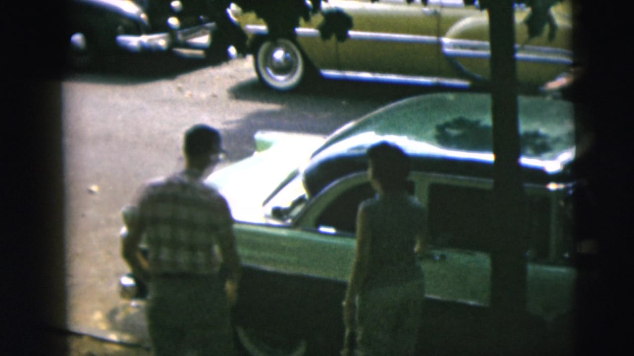 Two adults stand beside a green-and-white sedan on a shaded street.