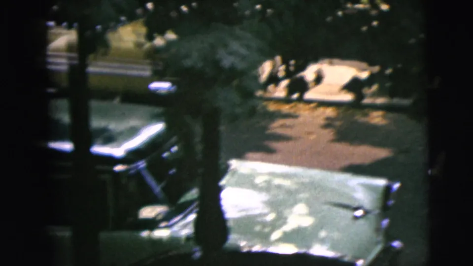A green-and-white sedan sits along a tree-lined Camden street, with other early-1960s cars visible through dark window framing.