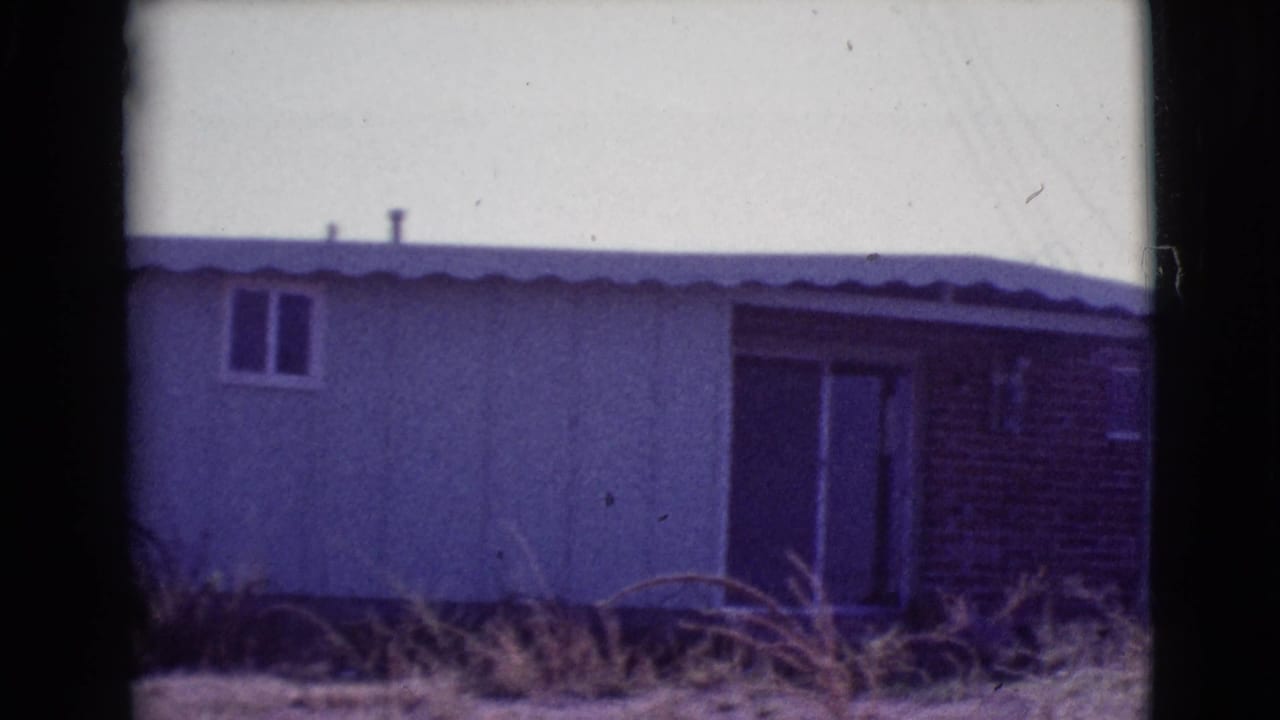 Single-story house with light siding, brick section, sliding door, dry grass, and pale sky.