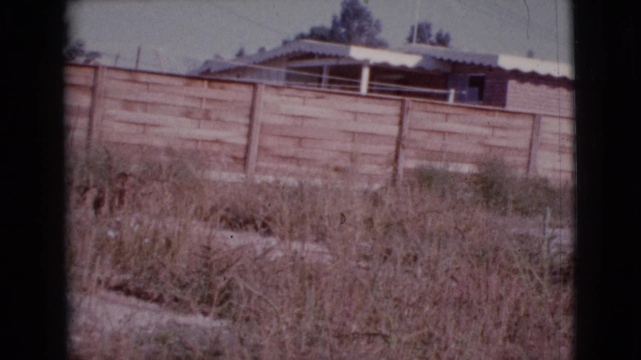 Dry yard with weathered wooden fence and a low house roof beyond it.